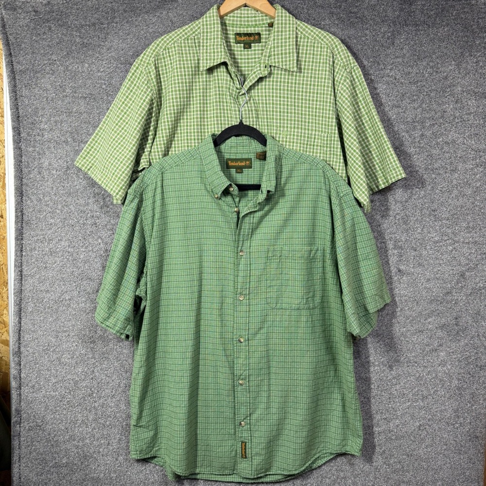 Timberland Shirts Mens XL Lot of 2 Plaid Short Sleeve Button Up Green Cotton